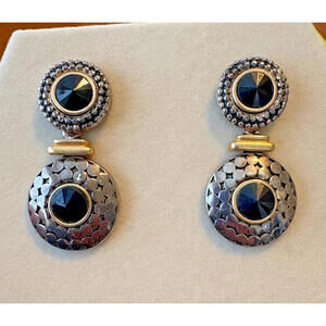 Brighton Dangle Earrings Silver Tone & Gold Tone with Black Stones 1 3/4"